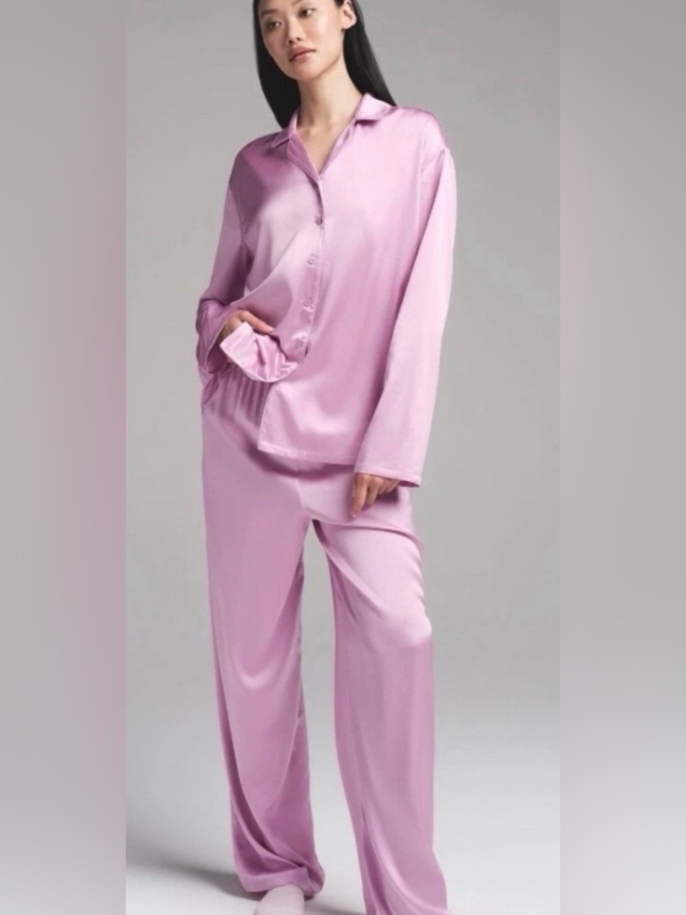 SKIMS Woven Shine Long Sleeve Sleep Set Pajamas Pink Rose Size M NWT